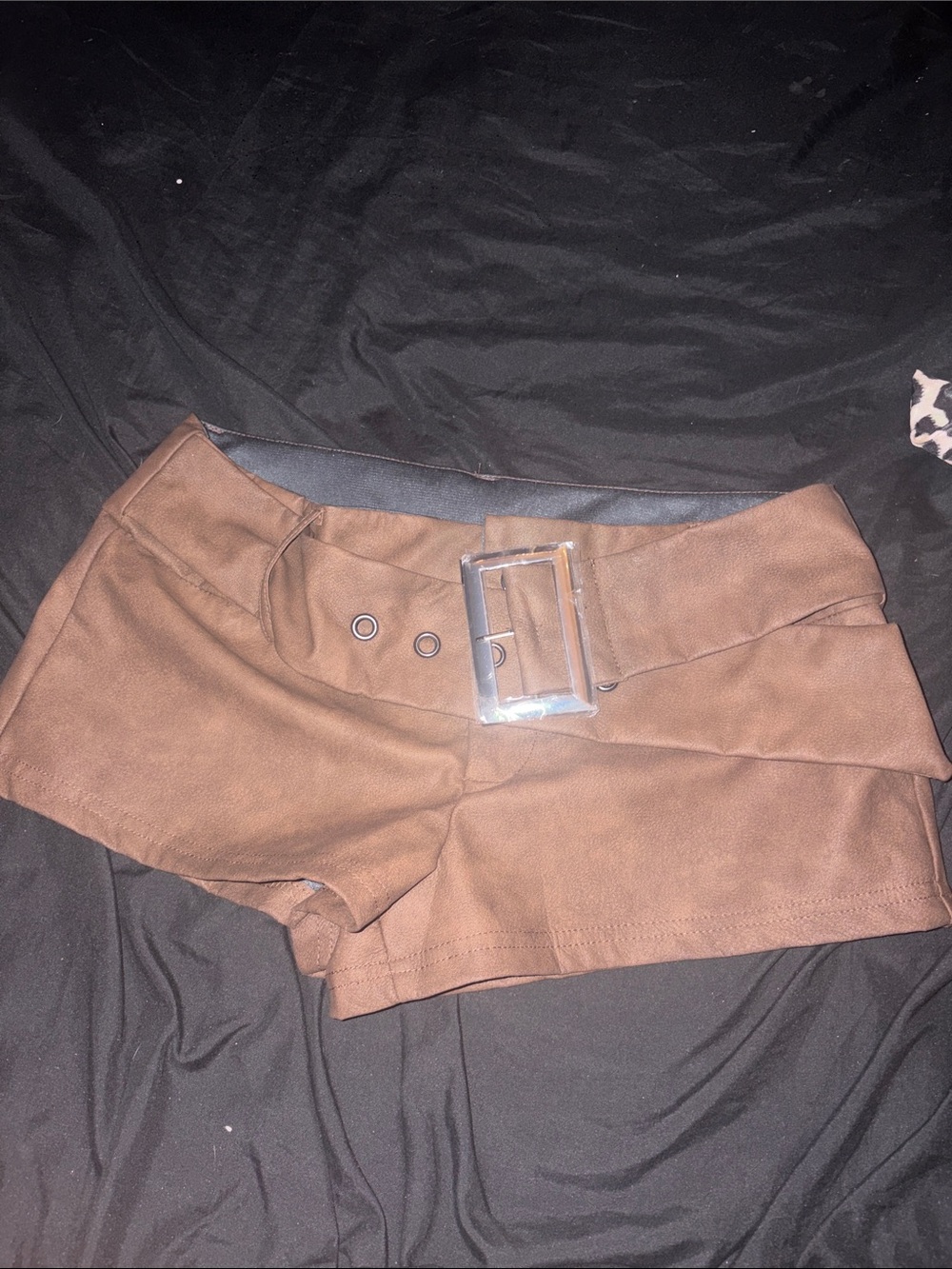 SHEIN Brown High-Waist Belted Suede-Look Shorts
